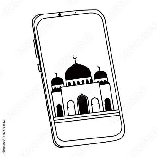 Islamic mosque line art inside smartphone frame, minimal vector illustration