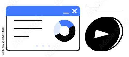 Data visualization, media playback, digital presentations, web interfaces, online learning, statistics reporting. Chart and play button within an interface. Data visualization and media playback