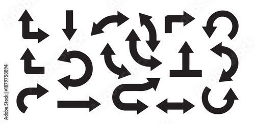 Dynamic set of vector arrows depicting rotation sharp turns curved paths and various direction changes using bold black solid silhouettes