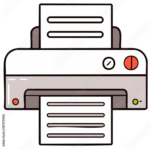Illustration of a gray printer with paper inside, office appliance generating printed documents, machine for copying texts