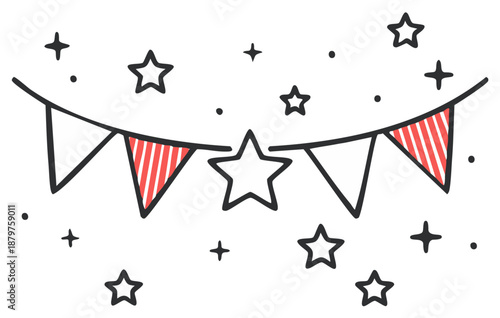 Festive Doodle Garland with Stars. Celebration Bunting Decoration. Holiday Party Decor Hand-Drawn Illustration.
