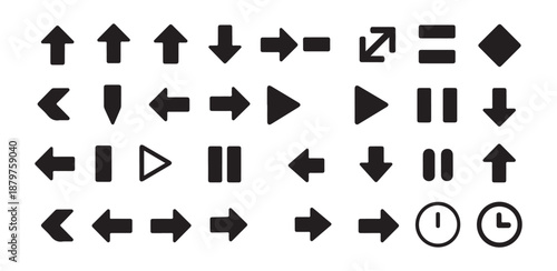 Black arrow icon set collection with diverse directions and multimedia control symbols for user interface design