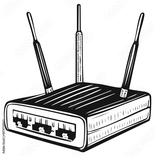 Sketch of a Wi-Fi Router with Antennas: Black and White Internet Connectivity
