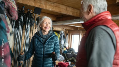 Senior couple discussing ski equipment. Experienced consultant helping older woman choose skis. Cozy ski storage setting. Winter sport preparation. Active retirement lifestyle.