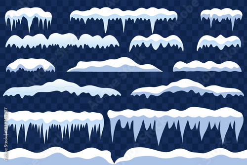 Collection of various icicles and snow drifts on transparent background