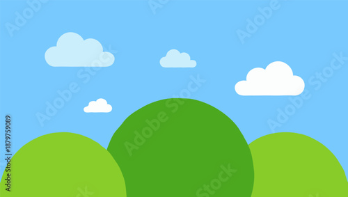 Minimalist Cartoon Landscape with Green Hills and Blue Sky