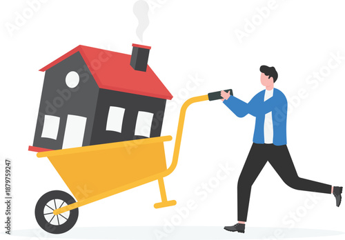 Businessman Pulling Wheelbarrow with House Home