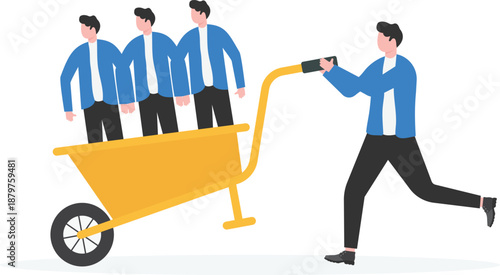 Businessman Pulling Wheelbarrow with Team Members