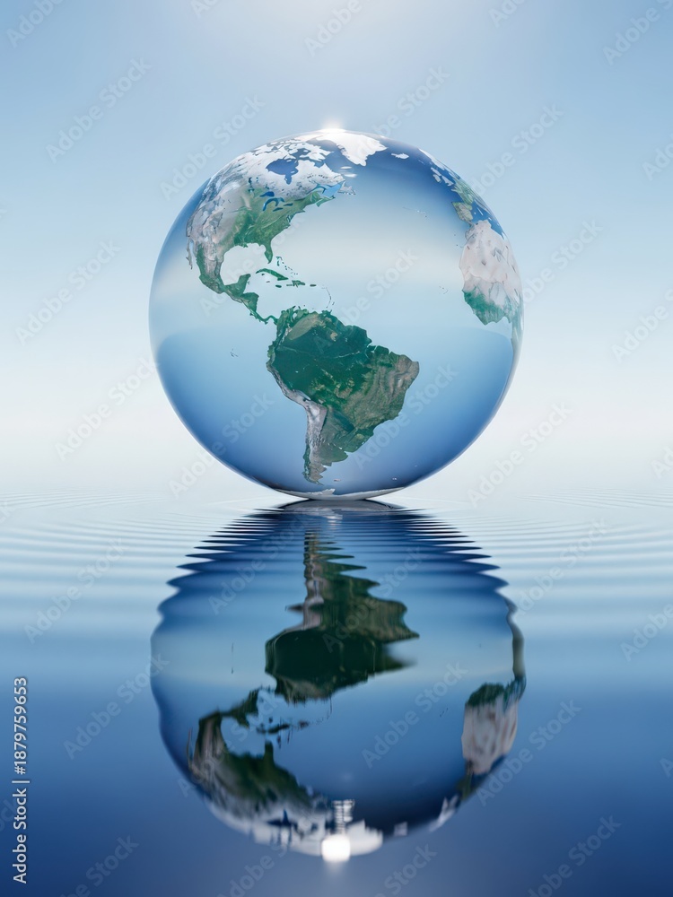 Naklejka premium Globe floating on water with reflection, symbolizing global environment and sustainability.