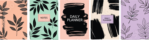Hand Drawn Floral and Abstract Daily Planner Notebook Cover Collection with Botanical Leaves Brush Strokes and Pastel Colors Vector Illustration