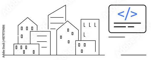 Smart cities, urban planning, software development, digital construction, technology integration, coding. Minimalistic cityscape with a programming symbol. Smart cities and urban planning ion