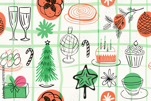 Festive holiday illustrations champagne sweets and christmas decorations pattern