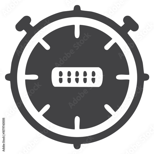 Simple stopwatch icon with digital display in a flat solid glyph style for measuring time