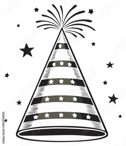 Party hat with fireworks and stars isolated graphic