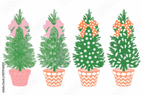 Four decorated christmas trees in pots festive holiday season illustration