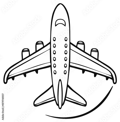 Top Down View Line Art of a Commercial Airplane Flying