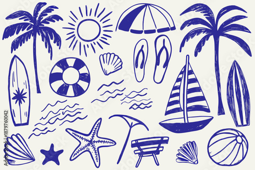 Blue sketch of tropical beach elements sun palm trees and seaside items