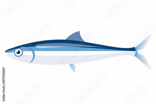 Simple illustration of a silver fish with blue accents side view