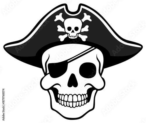 Skull wearing pirate hat with eye patch illustration