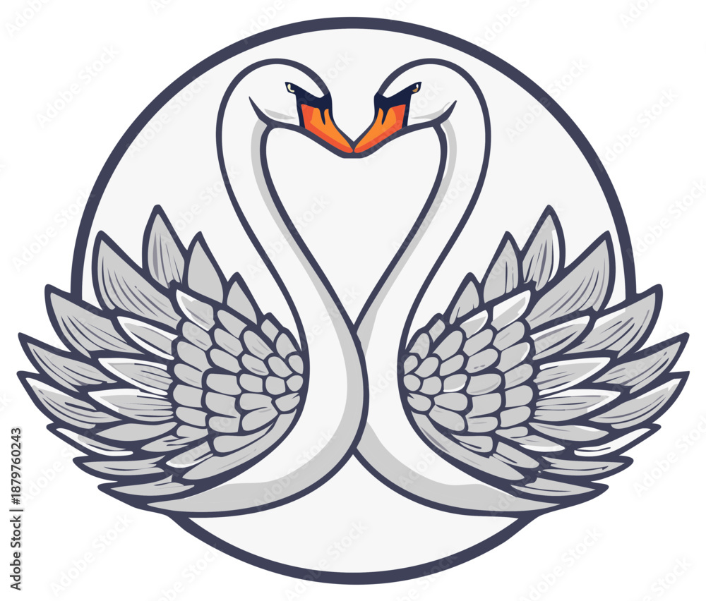 Obraz premium Pair of Swans Forming Heart Shape Logo Romantic Birds Togetherness Circle
