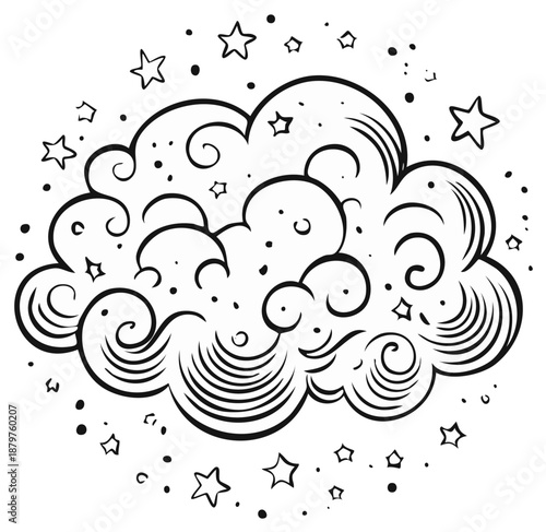 Stylized cloud design with stars, whimsical dreamy illustration
