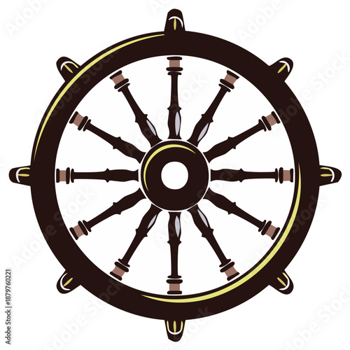 Classic wooden ship wheel illustration dark brown with spokes and handles nautical maritime symbol