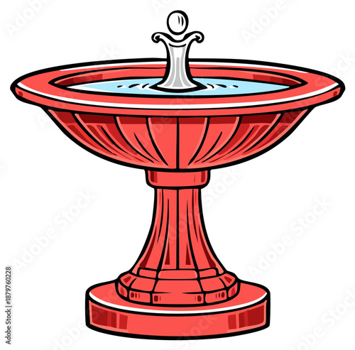 Decorative red fountain with clear water featuring a stylized human figure for garden park or courtyard design