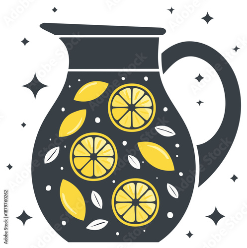 Stylish pitcher filled with sliced lemons and leaves against festive stars for lemonade or tea preparation