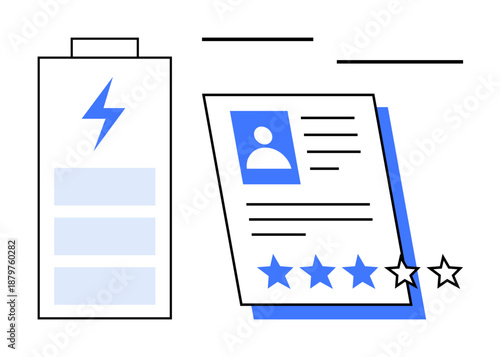 Battery icon next to profile sheet highlighting performance, five-star rating system, and user identification. Ideal for productivity, energy, performance review, assessment, user feedback, service