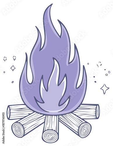 Stylized campfire with light blue and purple flames burning on logs outdoors in a cartoonish style.