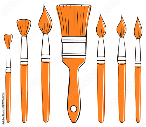 Orange artist paint brushes collection for painting, design, and art projects.