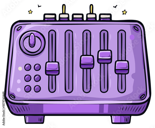 Purple audio mixer with faders, knobs, and power button, cartoon style