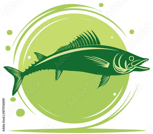 Stylized Green Tuna Fish Illustration within a Swirling Circle and Bubbles