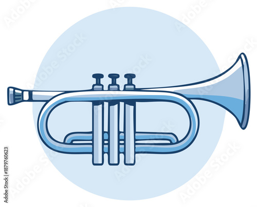 Blue stylized trumpet musical instrument illustration with simple outline and subtle shading