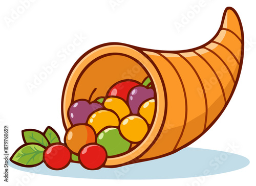 Colorful Cartoon Cornucopia Abundance with Fresh Fruits and Berries Illustration