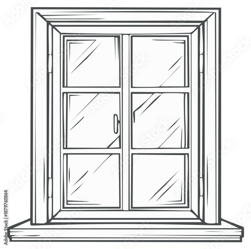 Detailed window sketch illustration with handle, design elements, and sill, black and white.