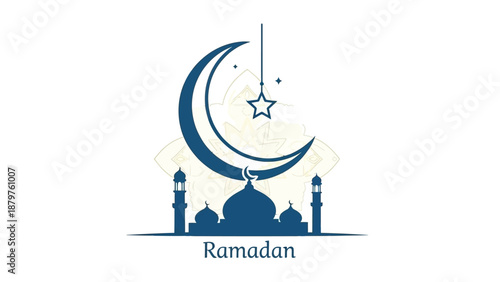 Ramadan Kareem Crescent Moon, Mosques, and Star Decoration Symbolizing Islamic Celebration and Faith