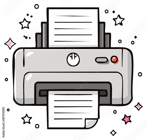 Cartoon printer illustration, paper output, office document print icon, printer machine with twinkle effect and office accessories