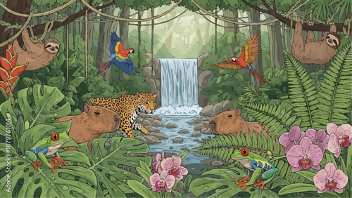 A vibrant rainforest scene features a waterfall a jaguar colorful birds sloths and diverse jungle wildlife