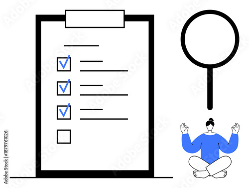 Productivity, task management, focus, mindfulness, self-improvement, organization. A checklist with checkmarks, a magnifying glass and a meditating person. Productivity and task management concept