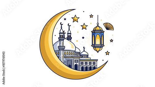 Golden crescent moon embracing an illuminated mosque and a radiant festive lantern, adorned with twinkling stars, symbolizing a spiritual Islamic celebration or holy night