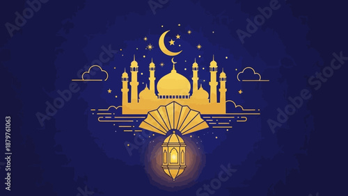 Ramadan Lantern & Mosque Silhouette on a Night Sky with Crescent Moon and Stars