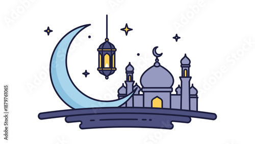 Enchanting Islamic night scene featuring a majestic mosque, luminous crescent moon, and ornate lantern under a star-filled sky, ideal for spiritual themes and festive designs