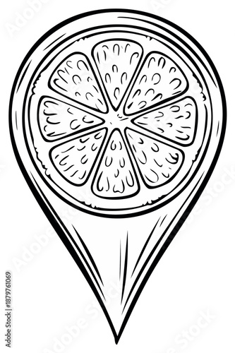 Stylized citrus slice locator symbol in black and white outline art