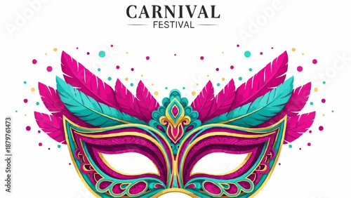 A vibrant carnival mask adorned with colorful feathers and elegant gold detailing creating a festive atmosphere