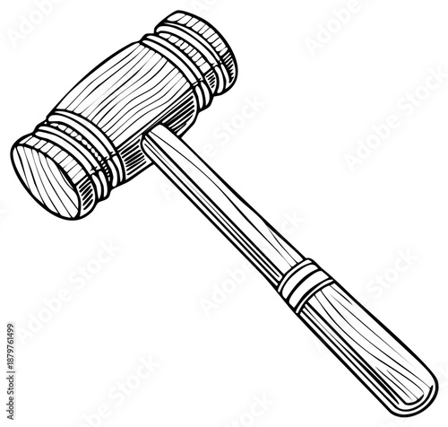 Hand drawn gavel illustration with textured wood grain for legal proceedings and auction decisions