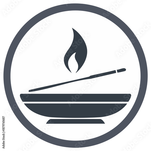 Burning incense stick in a bowl with a flame icon