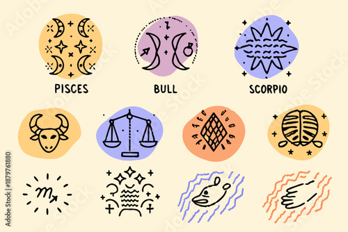 Zodiac signs illustration featuring pisces bull scorpio and other astrological symbols