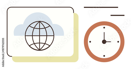 Global access, time tracking, digital workflow, networking, scheduling, time zones. Globe in cloud and clock next to it. Global connectivity and time tracking