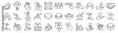 Charity and donation icon set. Volunteer help, support, assistance, sharing and solidarity symbols. Solid vector collection on transparent background